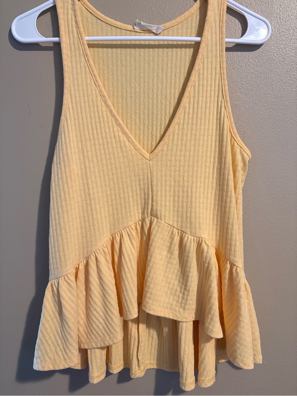 Altar'd State Pale Yellow Ribbed V-Neck Ruffle Tank